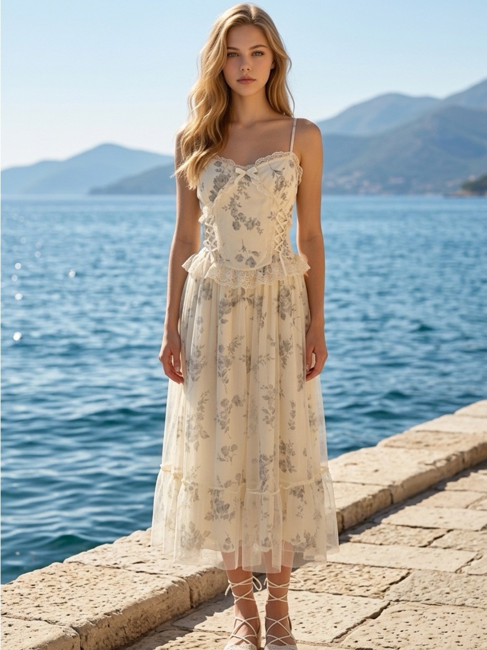 2167 - Yike Fashion Vintage Style Floral Mesh Tulle Cami Dress Lace Corset Midi - Picture 1 of 9